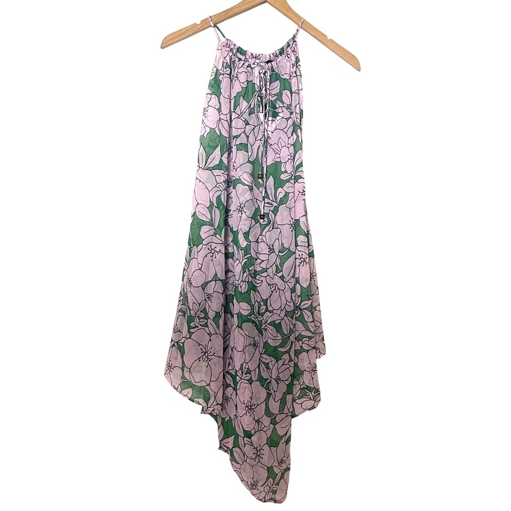 Floral Cover-Up Dress Pink Green Halter Handkerchief Hem Beach Vacation Pool